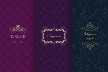 Wall Mural - Set of Vintage seamless damask pattern. Collection of design elements, labels, icon, frames for packaging, design of luxury product. Template greeting card, invitation and advertising banner, brochure