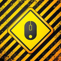 Black Computer mouse icon isolated on yellow background. Optical with wheel symbol. Warning sign. Vector Illustration.