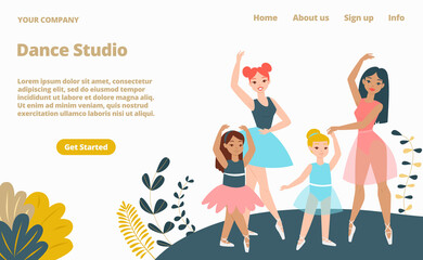 Woman dance studio landing web page, concept banner website template cartoon vector illustration. Company website page, female modern music workroom. Character female performing ballet.