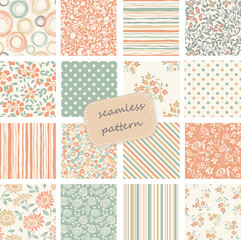 Wall Mural - Collection of Retro seamless patterns from the 50s and 60s. Seamless Vintage pattern in flowers, polka dots. Vector illustration