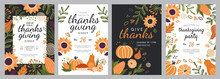 Set Of Four Templates For Thanks Giving Celebrations With Seasonal Fall Produce And Flowers Surrounding Central Copy Space And Text, Colored Vector Illustration