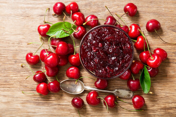 Wall Mural - bowl of cherry jam and fresh fruits, top view