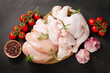 fresh chicken meat with rosemary, top view