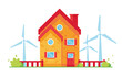 Vector illustration of an environmentally friendly house. Windy tower. Wind Energy. Caring for nature. Eco, Ecology generator. Red and Yellow. Green nature. On white background. Eps 10