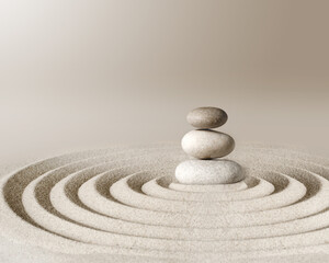 Japanese zen garden meditation stone, concentration and relaxation sand and rock for harmony and balance