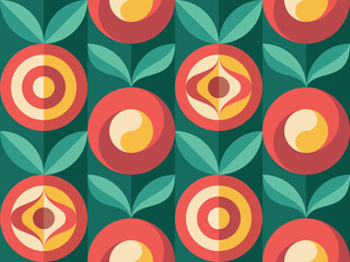 Background fruits and green leaves nature. Abstract geometric seamless pattern. Decorative ornament in flat design style. Ripe harvest banner. Floral backdrop. Organic vegetables product. Tropical.