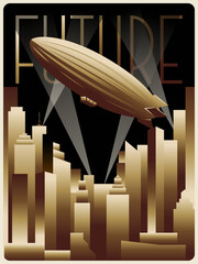 flying dirigible zeppelin, skyscraper cityscape retro futurism art deco style poster