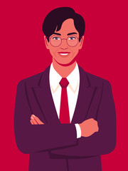 portrait of a happy asian man with crossed arms and wearing in a business suit. office professions. 