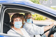 © Tomaspf_ - New normal. Driver with a medical face mask driving a car with a passenger. Health protection. Family in the car protected by a mask safety and pandemic concept. Coronavirus devices. Social distance.