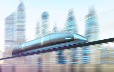 Magnetically levitating train at high speed with motion blur on the background of the city.