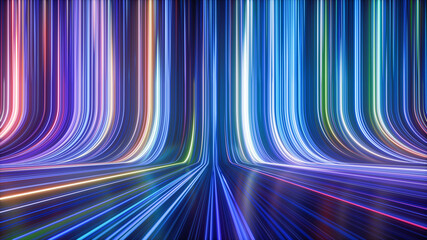 3d render, abstract colorful neon background, ultra violet rays, glowing lines, speed of light.