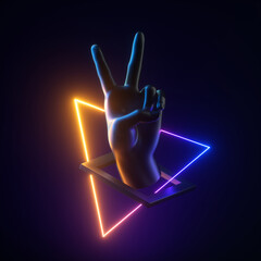Wall Mural - 3d render black artificial hand, neon light geometric objects levitating. Victory gesture. Human mannequin body part isolated on dark background. Abstract contemporary art. Modern minimal concept