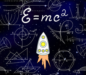 Wall Mural - space scientific vector seamless pattern with flying space ship and handwritten speed of light formu