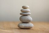Fototapeta Desenie - Stone cairn on striped grey white background, five stones tower, simple poise stones, simplicity harmony and balance,