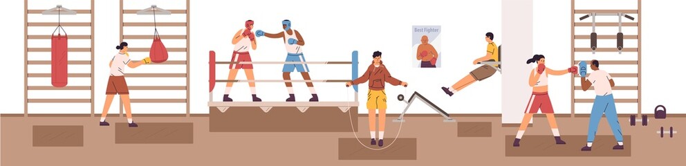 Sticker - Sports man and woman exercising at box club vector flat illustration. Diverse people in boxer gloves practicing fight each other on arena ring or punching bag. Person training at gym