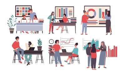 Wall Mural - six office business scenes showing people at work collaborating with colleagues, having discussions 