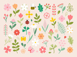 Fototapeta Miasta - Set of flat flowers and leaves on pastel pink background. Perfect for invitations, greeting cards, posters and others purposes. 