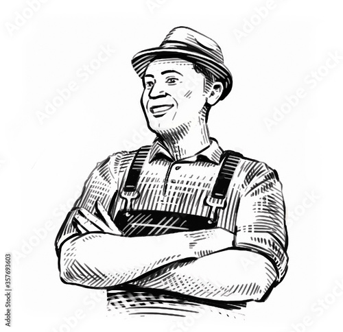 Cuadros en Lienzo Hand-drawn sketch happy farmer in hat isolated on white background
