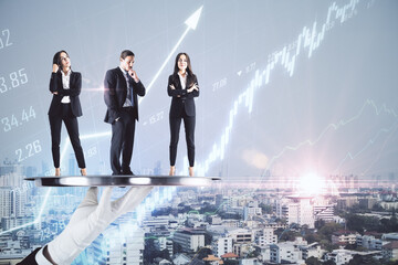 Sticker - Businesspeople standing on plate and stock chart hologram