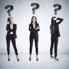 Poster - Three thinking european businesswomans with drawing  question marks over head.