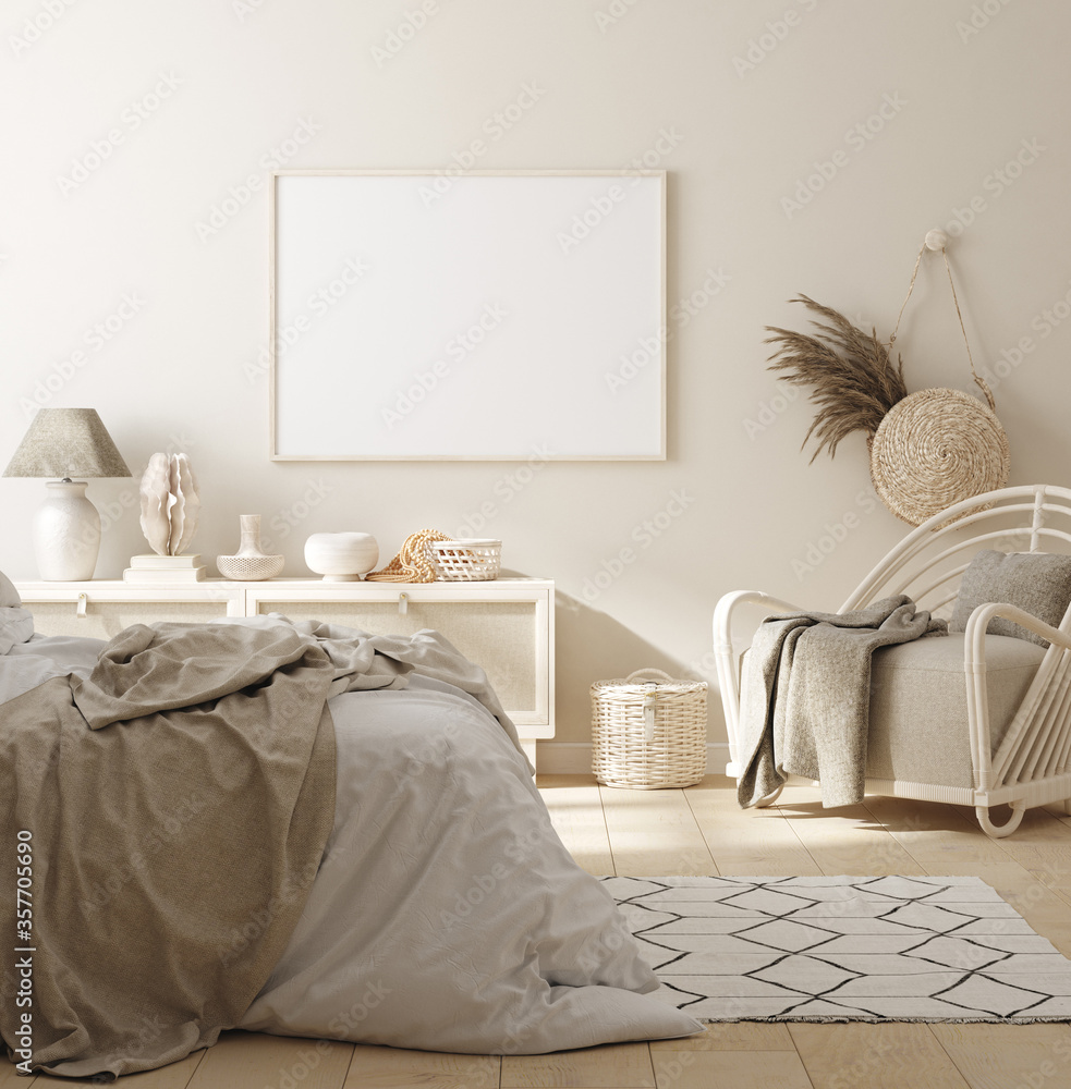 Mock up frame in bedroom interior background, beige room with natural wooden furniture, 3d render - obrazy, fototapety, plakaty 