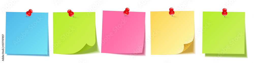 Realistic blank sticky notes isolated on white background. Colorful sheets of note papers with push pin. Paper reminder. Vector illustration. - obrazy, fototapety, plakaty 
