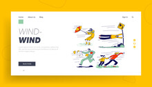 Characters Fighting With Strong Wind Landing Page Template. Woman With Destroyed Umbrella Trying To Protect From Storm. Man Hanging On Road Sign, Scattered Docs. Linear People Vector Illustration