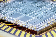 Inside Of A Microchip. Microcontroller Silicon Crystal. Close Up.