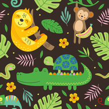 Seamless Pattern With Funny Jungle Animals On Black Background -  Vector Illustration, Eps
