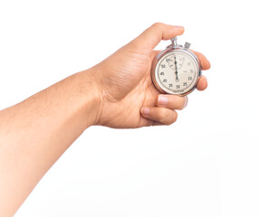 Wall Mural - Hand of caucasian young man doing countdown holding stopwatch over isolated white background