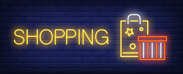 Wall Mural - Shopping neon text with bag and gift box. Black Friday or sale advertising design. Night bright neon sign, colorful billboard, light banner. illustration in neon style.