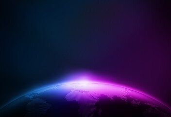 3d rendering neon glowing earth parts, internet science and technology background.