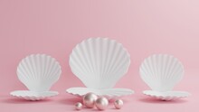 White Scallop Podium With Pearls In The Front, With A Beautiful Pink Background.3D Rendering.