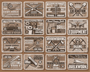 Sticker - Hand tool retro posters of vector construction, house repair, carpentry and DIY equipment. Pliers, drill, paint roller and toolbox, shovel, wheelbarrow, trowel and tape measure, level ruler, wallpaper