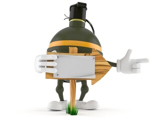 Poster - Hand grenade character with wooden arrow sign