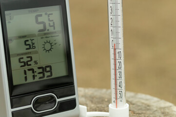 home weather station and thermometer show the weather and temperature outside