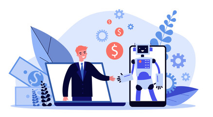 Man chatting with bot. Happy person and robot shaking hands, gadget screens, deal flat vector illustration. Communication, customer support concept for banner, website design or landing web page