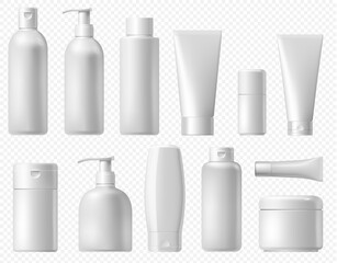 cosmetic package. white shampoo bottle, cream tube and body lotion packaging template. bathroom cosm