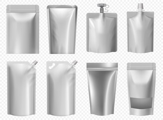 Wall Mural - Doy pack template. Foil pouch for liquid food, juice, mayonnaise, ketchup. Blank doypack package mockup set. Silver plastic bag with zipper lock. Aluminum packaging for coffee and soups.