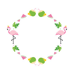 Wall Mural - Vector round frame, card template for summer design with pink flamingo, tropical leaves, coconuts and watermelon slices.