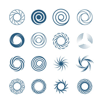 abstract spiral circles set. fashionable round swirls in form whirlpool lines effect rotational moti