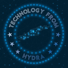 Technology From Hydra. Futuristic Geometric Badge Of The Island. Technological Concept. Round Hydra Logo. Vector Illustration.