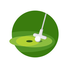 Minigolf Icon - Putt-putt Crazy Golf Stick And Ball And Hole On Grass Field - Isolated Vector Emblem