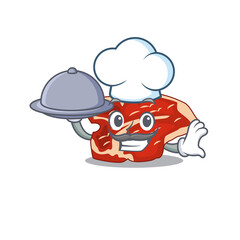 Sticker - mascot character style of T-bone chef serving dinner on tray