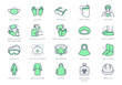 Medical PPE line icons. Vector illustration included icon as face mask, gloves, doctor gown, hair cover, biohazard waste, outline pictogram of protective equipment. Editable Stroke, Green Color