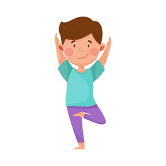 Wall Mural - Little Boy Standing in Yoga Pose Breathing Deeply Vector Illustration