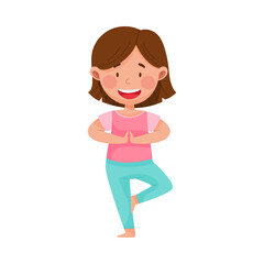 Wall Mural - Cheerful Girl Character Standing in Yoga Pose or Stance Breathing Deeply Vector Illustration