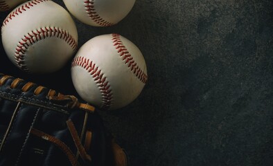 Poster - High angle shot of white baseball balls near baseball gloves and a copy space