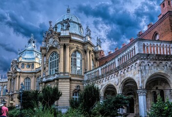 Decorative castle Vajdahunyad in the historical park Varoshliget in Budapest, Hungary. The Millennium of the Hungarian State, 1896