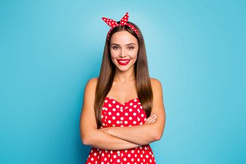 Poster - Close-up portrait of her she nice attractive lovely lovable pretty winsome content cheerful cheery straight-haired girl folded arms isolated on bright vivid shine vibrant blue color background